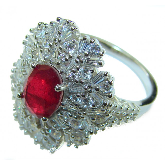 Stella - 4.2 carat Kashmir Ruby .925 Sterling Silver dipped in Rhodium handcrafted incredible ring s. 8 - Close-up of Stella 4.2 ct Kashmir Ruby ring in .925 sterling silver.