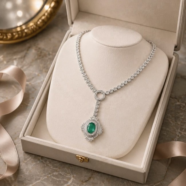 Vintage style - Timless Beauty - 10.5 carat Colombian Emerald 14.8 carat White Topaz .925 Sterling Silver handcrafted Statement necklace - Vintage necklace with emerald in elegant box, top view.