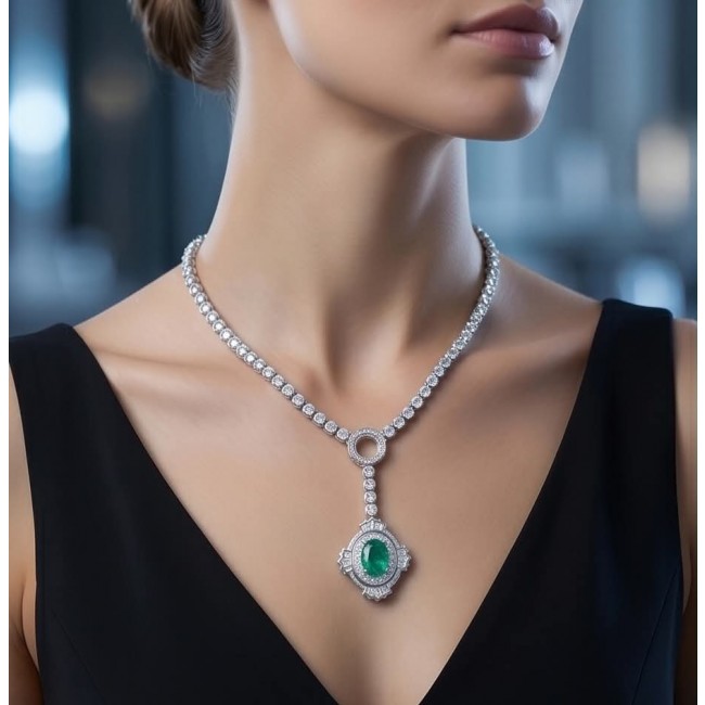 Vintage style - Timless Beauty - 10.5 carat Colombian Emerald 14.8 carat White Topaz .925 Sterling Silver handcrafted Statement necklace - Woman wearing necklace with emerald pendant, front view.