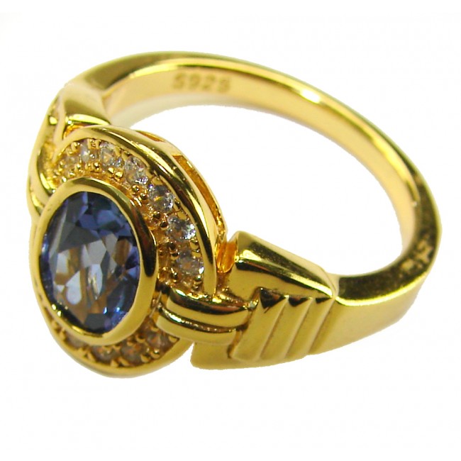Born to Glam 4.1 carat natural Tanzanite .925 Sterling Silver dipped in 18K Gold Perfectly handcrafted Ring s. 7 - Side view of Tanzanite ring in gold-plated sterling silver.