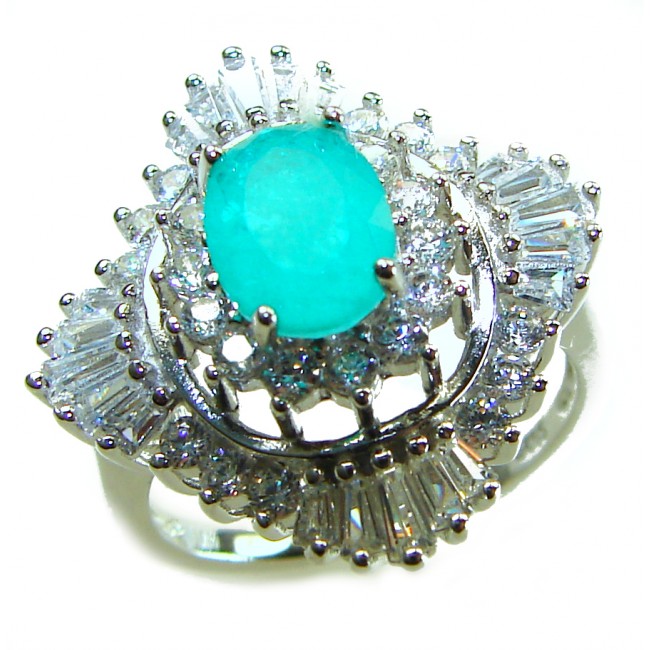 Vintage style - Timless Beauty - 3.5 carat Colombian Emerald 7.1 carat White Topaz .925 Sterling Silver handcrafted Statement Ring size 7 1/4 - Close-up of vintage ring with 3.5 carat Colombian emerald and diamonds.