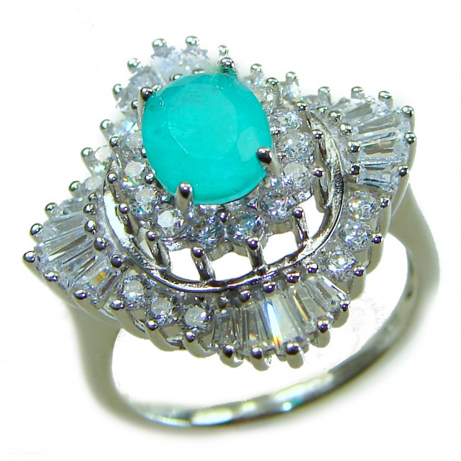 Vintage style - Timless Beauty - 3.5 carat Colombian Emerald 7.1 carat White Topaz .925 Sterling Silver handcrafted Statement Ring size 7 1/4 - Vintage-style ring with Colombian emerald and diamonds, top view.