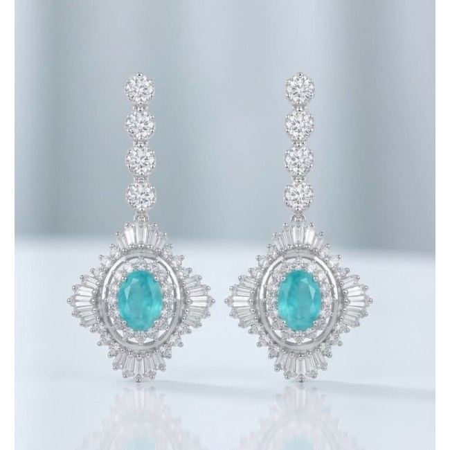 Pure Luxury 6.2 carat natural Colombian Emerald .925 Sterling Silver handmade Statement earrings - Emerald earrings, front view, with diamonds and sterling silver details.