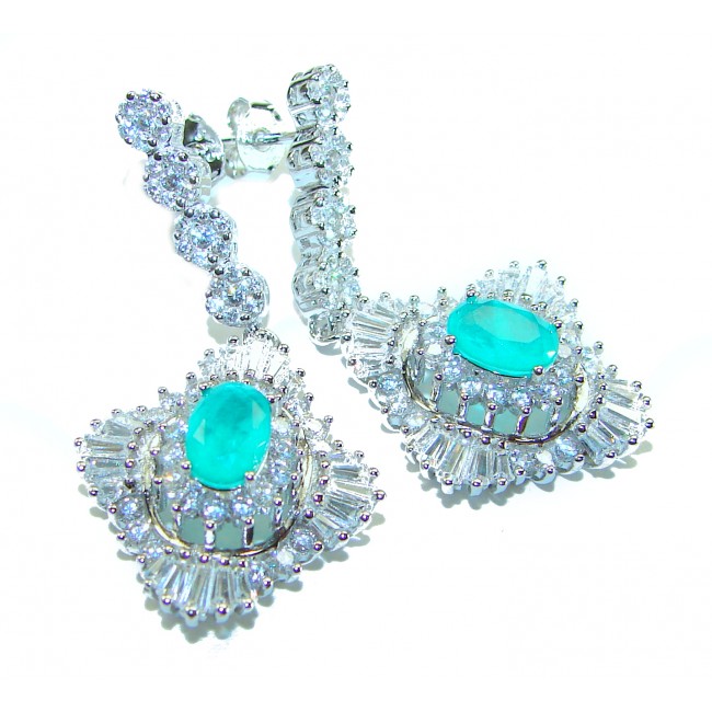 Pure Luxury 6.2 carat natural Colombian Emerald .925 Sterling Silver handmade Statement earrings - Close-up of sterling earrings with Colombian emerald and diamonds