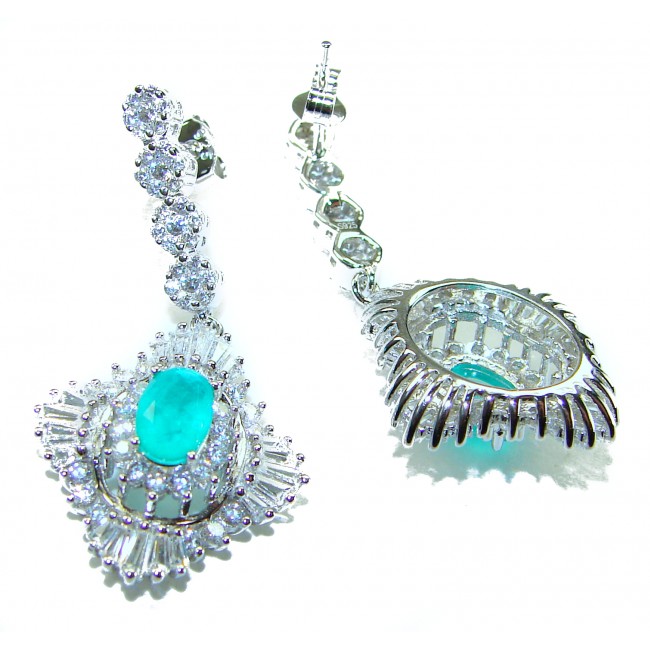 Pure Luxury 6.2 carat natural Colombian Emerald .925 Sterling Silver handmade Statement earrings - Close-up of sterling silver earrings with Colombian emerald centerpiece