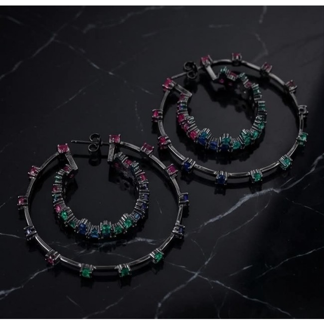 Extravaganza authentic 18.5 carat Pink Tourmaline black rhodium over .925 Sterling Silver Handcrafted Large Hoop Earrings - Two hoop earrings on marble surface with colorful gemstone detail