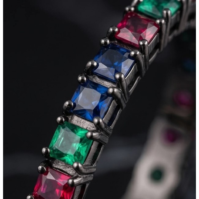 Extravaganza authentic 18.5 carat Pink Tourmaline black rhodium over .925 Sterling Silver Handcrafted Large Hoop Earrings - Close-up of colorful square gemstones on a jewelry piece.
