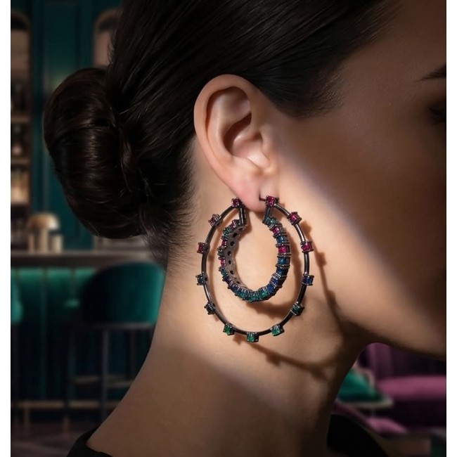 Extravaganza authentic 18.5 carat Pink Tourmaline black rhodium over .925 Sterling Silver Handcrafted Large Hoop Earrings - Side view of elegant hoop earrings with pink tourmaline stones.