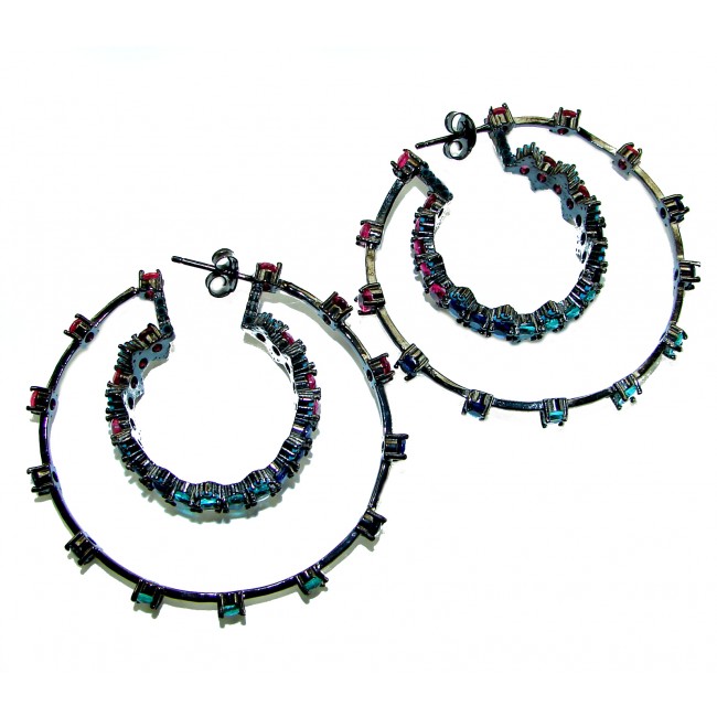 Extravaganza authentic 18.5 carat Pink Tourmaline black rhodium over .925 Sterling Silver Handcrafted Large Hoop Earrings - Hoop earrings with pink tourmaline, top view, black rhodium setting.