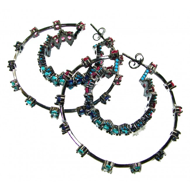 Extravaganza authentic 18.5 carat Pink Tourmaline black rhodium over .925 Sterling Silver Handcrafted Large Hoop Earrings - Hoop earrings with pink tourmaline, black rhodium, and stones, top view.