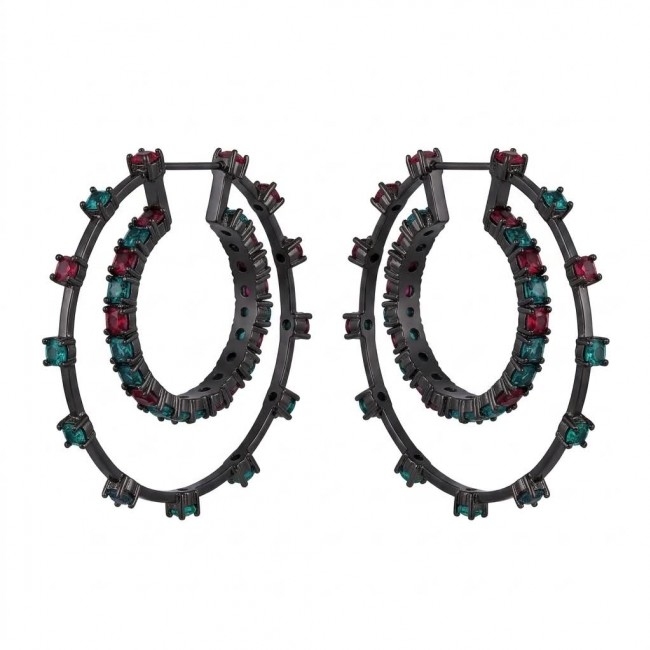 Extravaganza authentic 18.5 carat Pink Tourmaline black rhodium over .925 Sterling Silver Handcrafted Large Hoop Earrings - Hoop earrings with pink tourmaline and teal stones, front view.