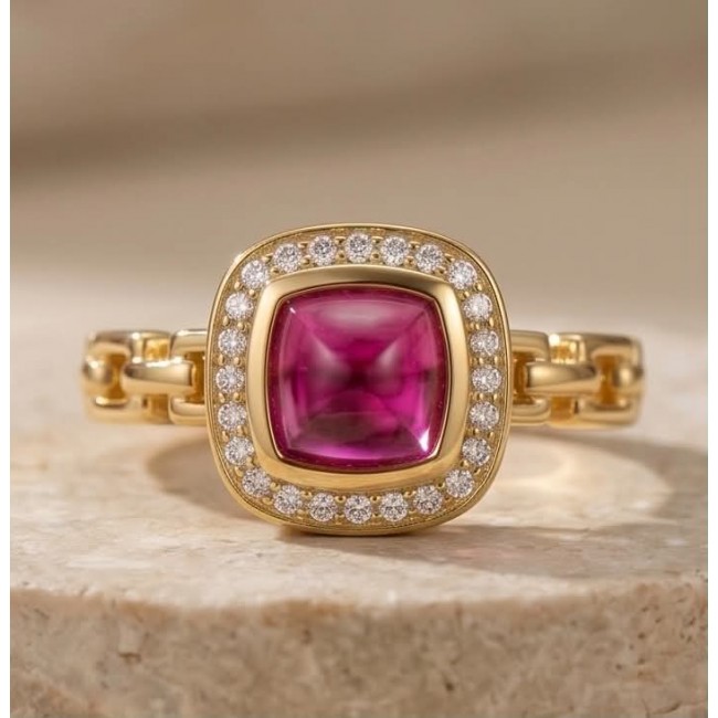 Bella Rosa Natural fancy cut 2.1 carat Pink Tourmaline 18K Gold over .925 Sterling Silver handmade Statement Ring size 6 - Close-up of Bella Rosa Pink Tourmaline ring, 18K gold with diamond halo.