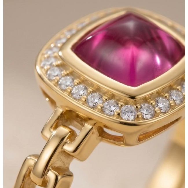 Bella Rosa Natural fancy cut 2.1 carat Pink Tourmaline 18K Gold over .925 Sterling Silver handmade Statement Ring size 6 - Stone close-up of Bella Rosa 2.1 carat Pink Tourmaline ring in 18K gold