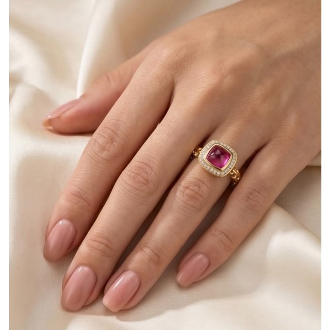 Bella Rosa Natural fancy cut 2.1 carat Pink Tourmaline 18K Gold over .925 Sterling Silver handmade Statement Ring size 6 - Pink Tourmaline 18K gold ring worn on hand, top view.