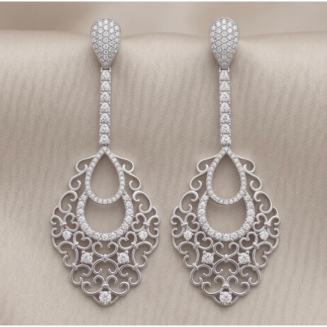 Pure Luxury 6.2 carat natural White Topaz .925 Sterling Silver handmade Statement earrings - Front view of intricate white topaz and sterling silver earrings.
