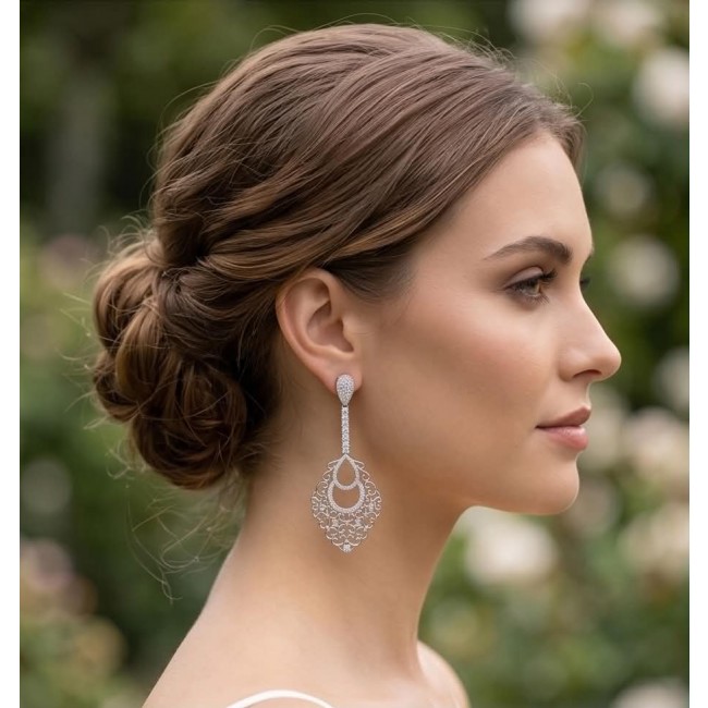 Pure Luxury 6.2 carat natural White Topaz .925 Sterling Silver handmade Statement earrings - Side view of woman wearing Pure Luxury 6.2 carat White Topaz earrings