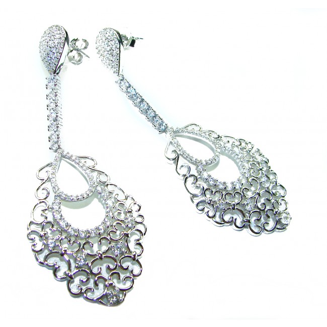 Pure Luxury 6.2 carat natural White Topaz .925 Sterling Silver handmade Statement earrings - Elegant dangling earrings, top view, showcasing ornate design and sparkle