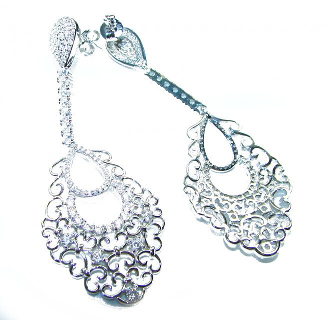 Pure Luxury 6.2 carat natural White Topaz .925 Sterling Silver handmade Statement earrings - Elegant white topaz earrings, intricate design, front view.