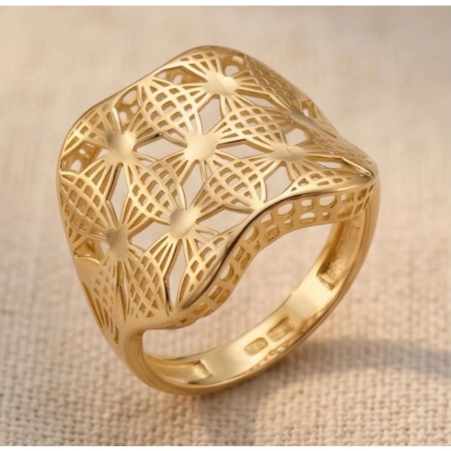Dubai Style .925 Sterling Silver dipped in 22K Gold handmade Large ring size 9 - Intricate gold-plated ring, top view, showcasing geometric lattice design.