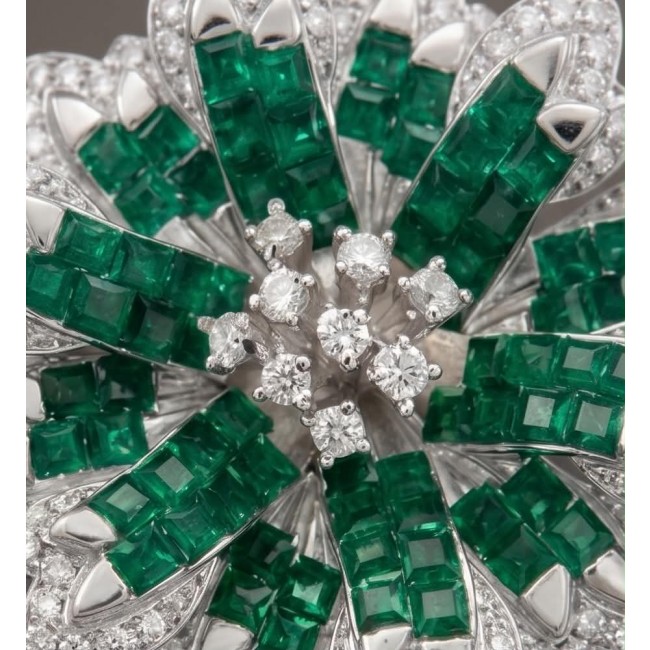 Born to Glam authentic 22.9 carat Colombian Emerald .925 Sterling Silver handcrafted earrings - Close-up of Born to Glam Colombian emerald and diamond jewelry piece.