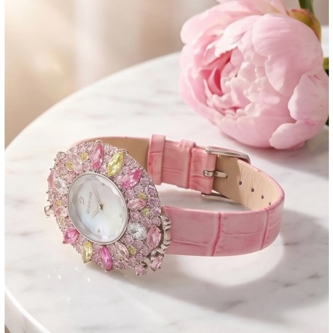 Precious 18.5 carat Authentic Pink Sapphire Genuine Leather strap .925 Sterling Silver handmade Watch - Pink sapphire watch on marble table beside pink flower, top view.