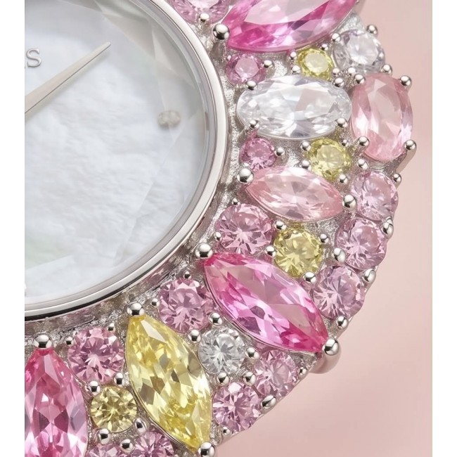 Precious 18.5 carat Authentic Pink Sapphire Genuine Leather strap .925 Sterling Silver handmade Watch - Stone close-up of jeweled watch with pink and yellow sapphires.