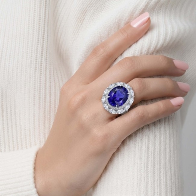 Precious Design oval cut 24.9 CARAT Tanzanite .925 Sterling Silver Statement Ring s. 5 1/4 - Worn on hand, oval cut 24.9 carat Tanzanite ring with diamond halo.