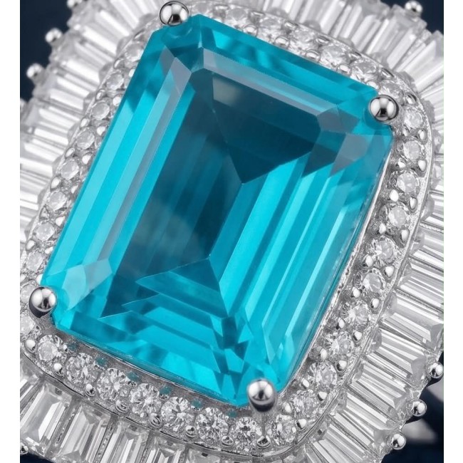 Blue Wonderland 15.5 carat Paraiba Tourmaline .925 Sterling Silver Handcrafted Ring size 8 1/4 - Close-up of Blue Wonderland Paraiba Tourmaline with diamond accents.