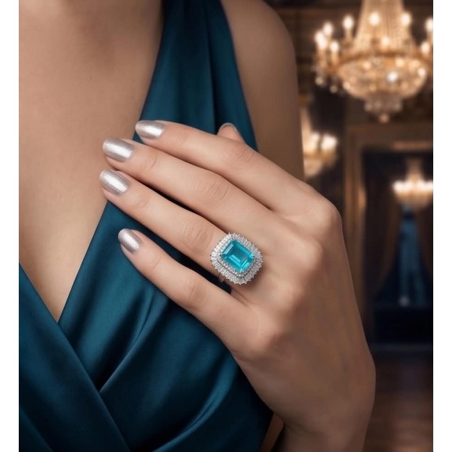Blue Wonderland 15.5 carat Paraiba Tourmaline .925 Sterling Silver Handcrafted Ring size 8 1/4 - Worn on hand: Blue Wonderland 15.5 ct Paraiba Tourmaline ring in sterling.