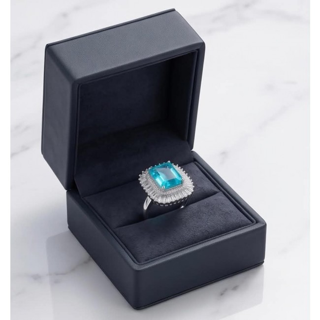 Blue Wonderland 15.5 carat Paraiba Tourmaline .925 Sterling Silver Handcrafted Ring size 8 1/4 - Paraiba Tourmaline ring in box, angled view, 15.5 carat, .925 Sterling.