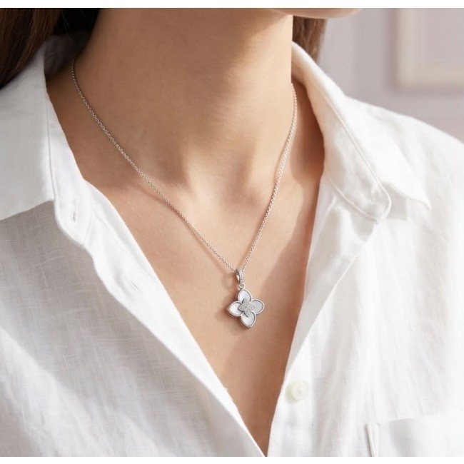 Precious Clover Blister Pearl rhodium over .925 Sterling Silver .925 Sterling Silver Necklace - Necklace worn on neck, Precious Clover Blister Pearl pendant highlighted