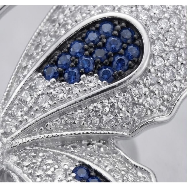 Precious Butterfly Genuine 10.5 carat Sapphire .925 Sterling Silver handmade LARGE Statement Ring size 7 1/2 - Close-up of sapphire and diamond butterfly jewelry detailing.