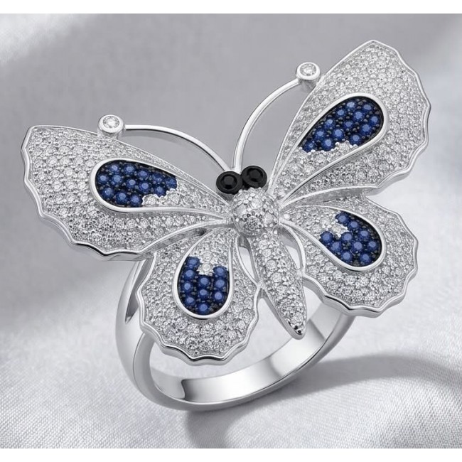 Precious Butterfly Genuine 10.5 carat Sapphire .925 Sterling Silver handmade LARGE Statement Ring size 7 1/2 - Butterfly ring with sapphire and sterling silver, top view.