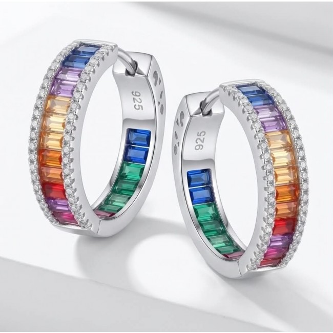 Rainbow Authentic 36.9 carat Multicolor Topaz .925 Sterling Silver brilliantly handcrafted HOOP earrings - Rainbow topaz hoop earrings close-up on white background