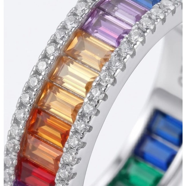 Rainbow Authentic 36.9 carat Multicolor Topaz .925 Sterling Silver brilliantly handcrafted HOOP earrings - Close-up of multicolor topaz ring with diamonds, side detail.