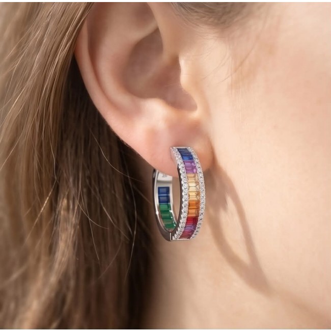Rainbow Authentic 36.9 carat Multicolor Topaz .925 Sterling Silver brilliantly handcrafted HOOP earrings - Side view of rainbow topaz hoop earring worn on ear.