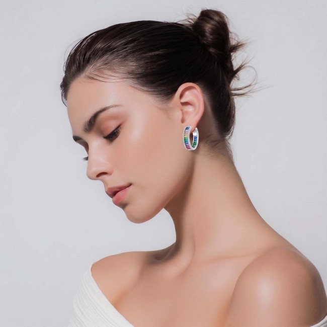 Rainbow Authentic 36.9 carat Multicolor Topaz .925 Sterling Silver brilliantly handcrafted HOOP earrings - Side view of woman wearing Rainbow Multicolor Topaz hoop earrings