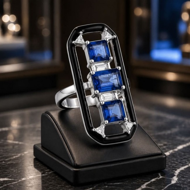 Art Deco 6.2 carat Sapphire black enamel .925 Sterling Silver handcrafted Ring size 6 - Art Deco sapphire ring on display, angular view, black enamel setting.