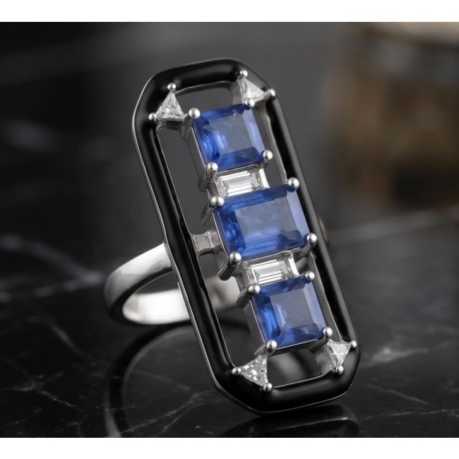 Art Deco 6.2 carat Sapphire black enamel .925 Sterling Silver handcrafted Ring size 6 - Art Deco sapphire ring, close-up view, black enamel, sterling silver.