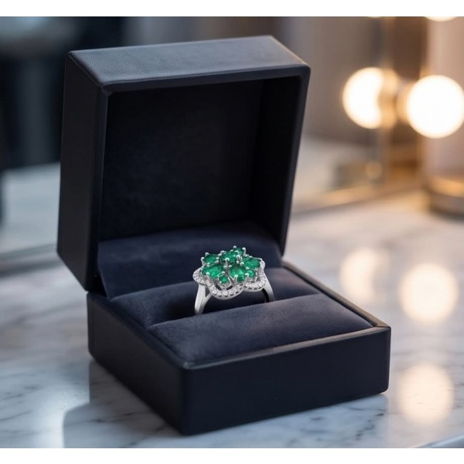 SPRING 6.5 carat Chrome Diopside .925 Sterling Silver handcrafted ring size 6 - Chrome diopside ring in box, top view, on marble surface.