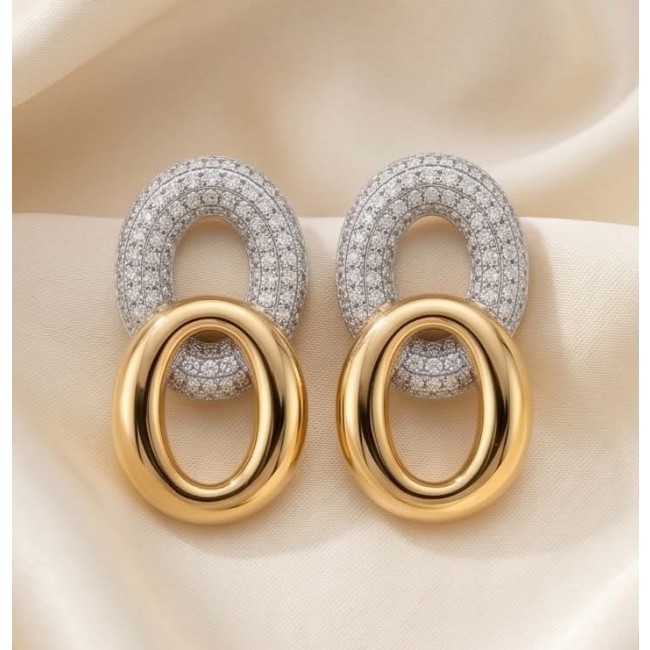 TIFFANY - LUXURIUS - Natural 22K Gold over .925 Sterling Silver handmade earrings - Elegant earrings, front view, gold and diamond details displayed