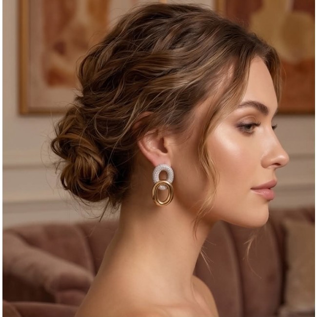 TIFFANY - LUXURIUS - Natural 22K Gold over .925 Sterling Silver handmade earrings - Side view of woman wearing TIFFANY earrings in gold and sterling silver.