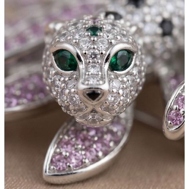 Pink Cheetah authentic 12.5 carat Swiss Blue Topaz .925 Sterling Silver Handcrafted pendant brooch - Close-up of jeweled cheetah head with green eyes and pink accents.