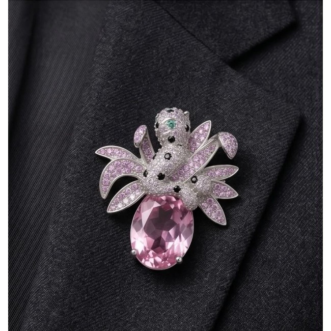 Pink Cheetah authentic 12.5 carat Swiss Blue Topaz .925 Sterling Silver Handcrafted pendant brooch - Pink Cheetah brooch with pink gem detail on dark fabric