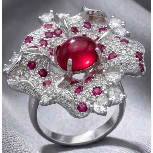 Carmen Natural 6.4 carat Ruby .925 Sterling Silver dipped in rhodium handmade Large Statement Ring size 9 - Close-up of Carmen 6.4 carat ruby ring in .925 sterling silver.
