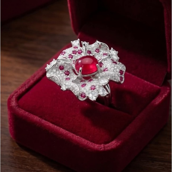 Carmen Natural 6.4 carat Ruby .925 Sterling Silver dipped in rhodium handmade Large Statement Ring size 9 - Ruby ring in velvet box, top view; 6.4 ct ruby with silver and diamonds.