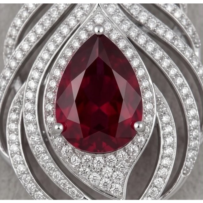 Precious Magic Feather 10.2 carat Ruby .925 Sterling Silver .925 Sterling Silver Statement Necklace - Close-up of ruby and diamond in feather design on sterling silver.