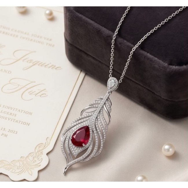 Precious Magic Feather 10.2 carat Ruby .925 Sterling Silver .925 Sterling Silver Statement Necklace - Top view of magic feather ruby pendant on chain.