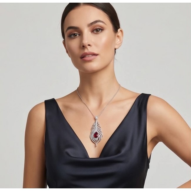 Precious Magic Feather 10.2 carat Ruby .925 Sterling Silver .925 Sterling Silver Statement Necklace - Model wearing Precious Magic Feather 10.2 carat Ruby necklace.