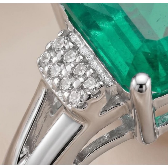 Precious 11.5 carat emerald cut EMERALD .925 Sterling Silver handcrafted ring; s. 8 - Close-up of emerald and diamond accents on sterling silver ring.